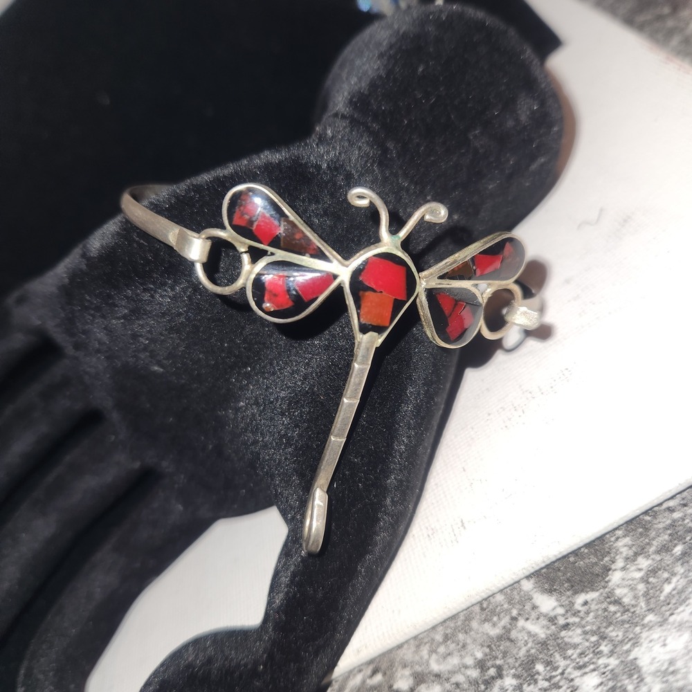 Vintage Dragonfly Inlay Cuff Bracelet Red Black‎ Mosaic Silver Tone Artisan Boho